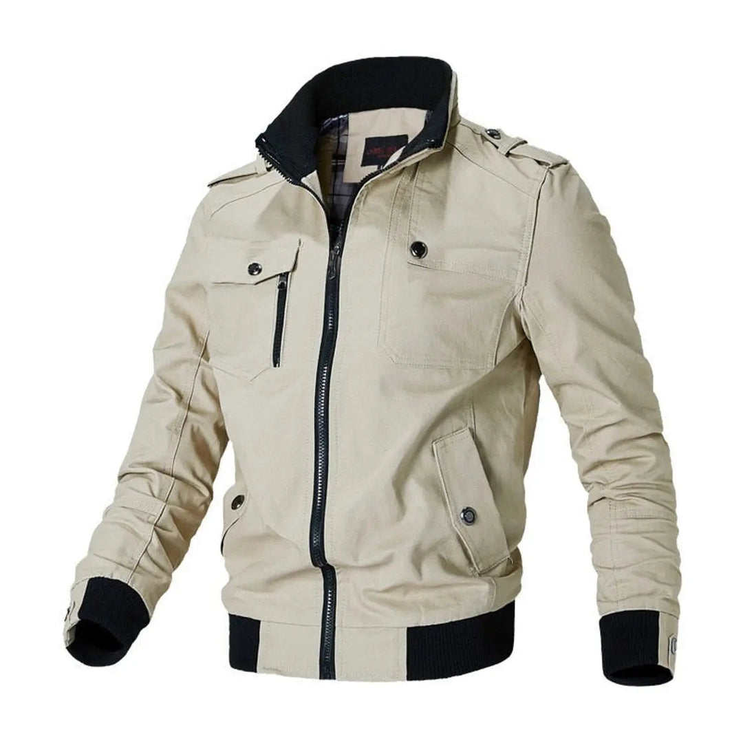Stylish men's military bomber jacket, all-season outerwear with epaulettes, multi-pockets, and zip closure.