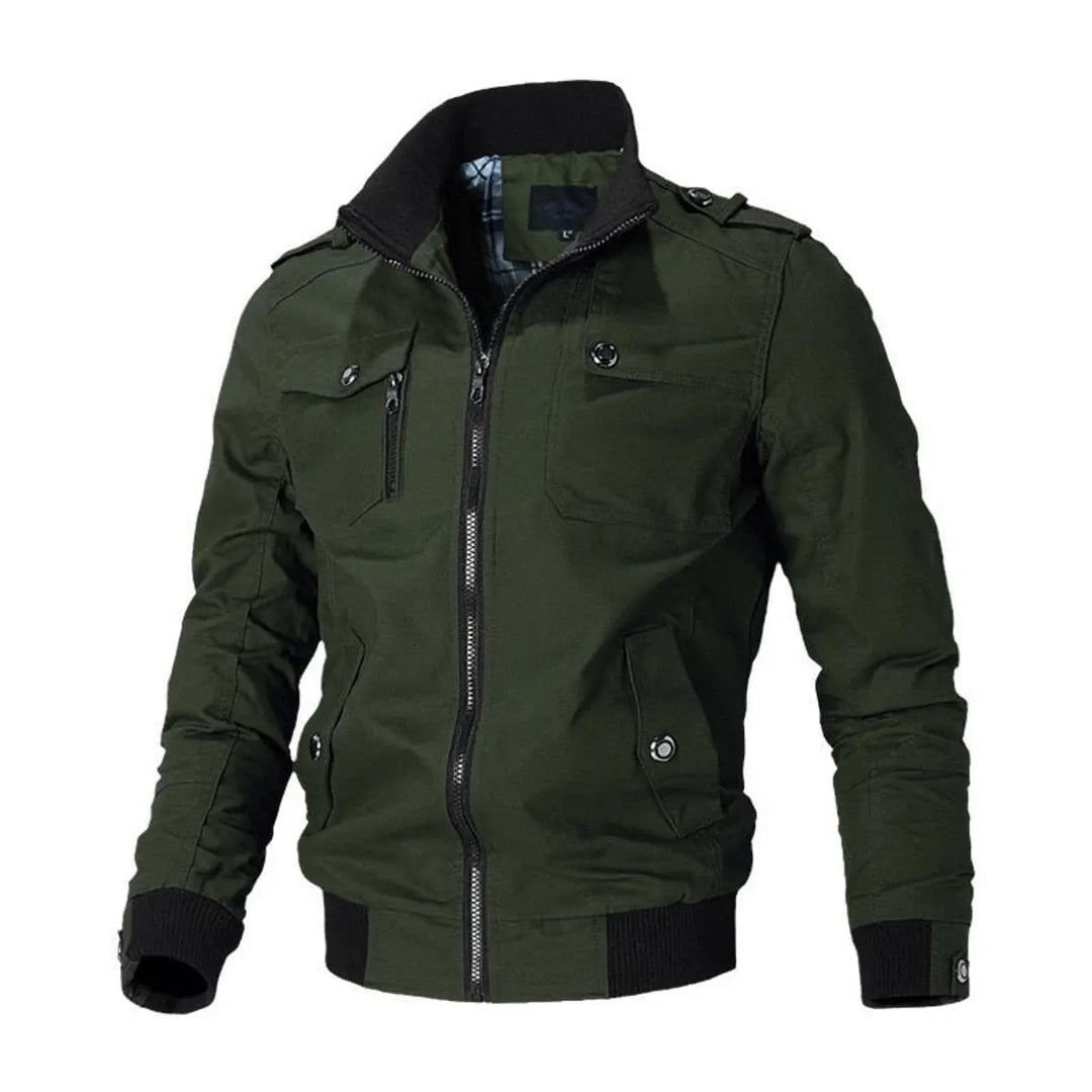 Close-up of men's military bomber jacket showing multi-pockets, sturdy zip-up, and ribbed stand collar details.