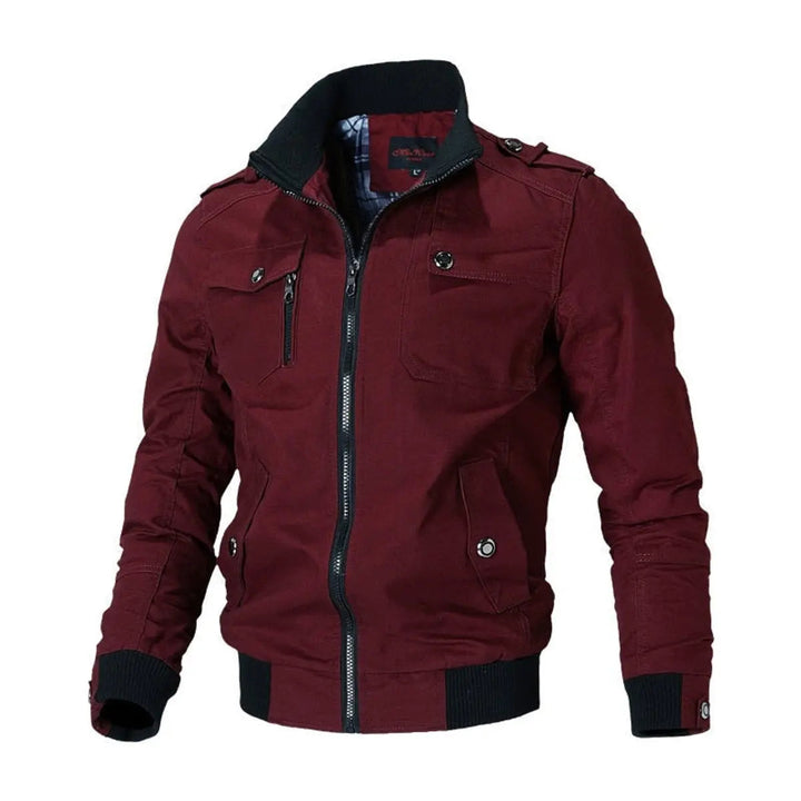 Full shot of men's casual military style bomber jacket, multi-pocket zip-up with stand collar and ribbed cuffs.