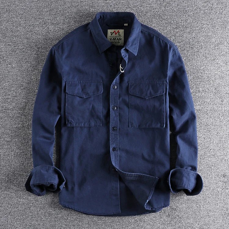 Men's military green utility work shirt. Durable long sleeve button down for casual everyday wear.