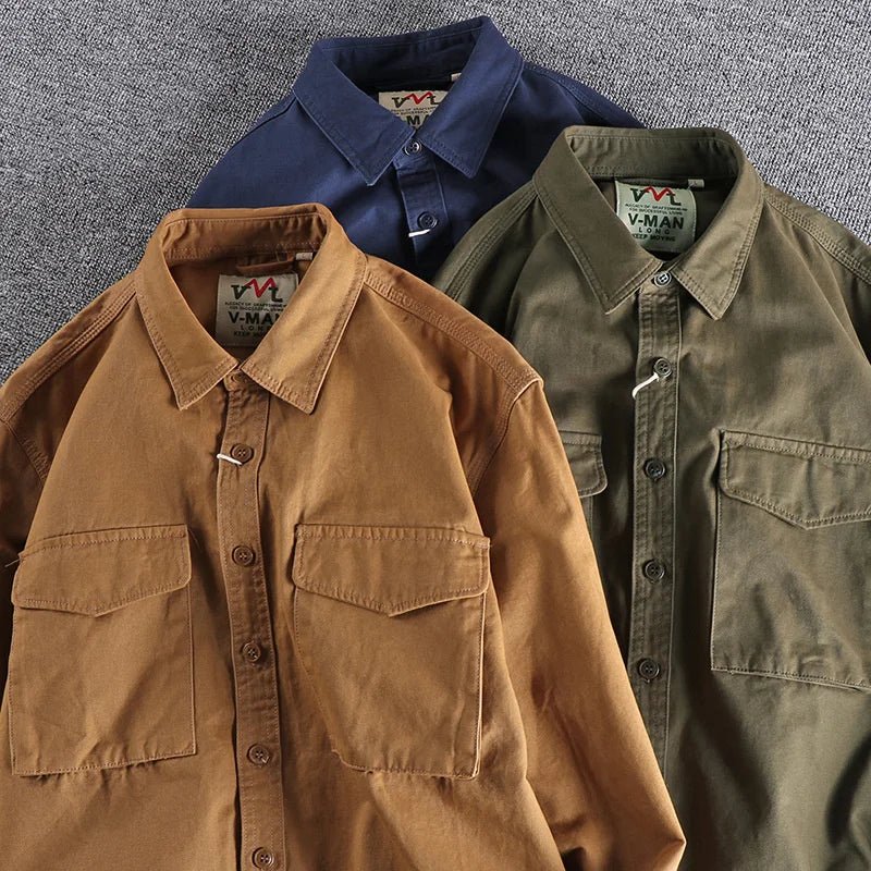 Classic men's utility long sleeve button-down work shirt. Durable and comfortable for all-season casual wear.