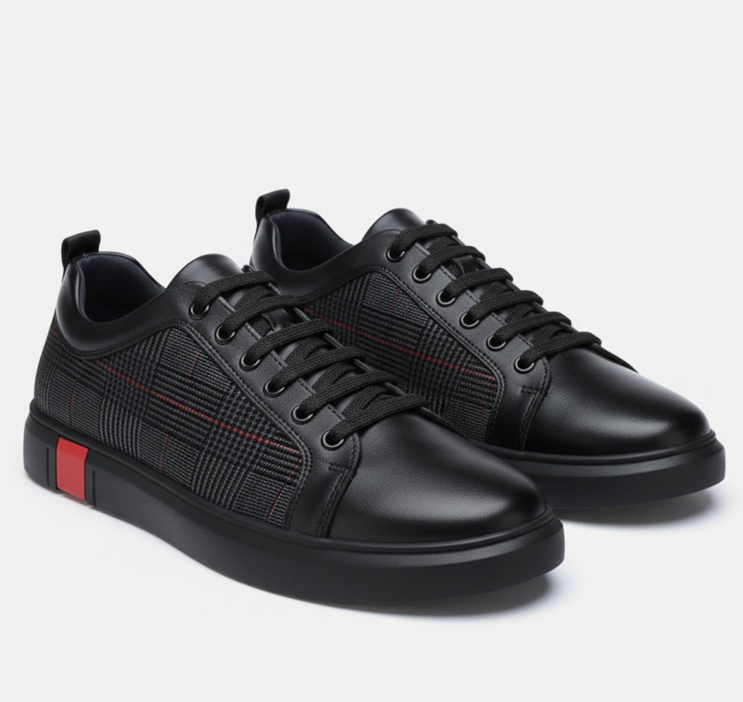 Men's minimalist black street sneakers, low top, round toe. Perfect for casual everyday wear & versatile style.