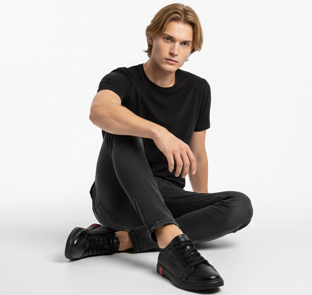 Versatile men's black low-top sneakers with a minimalist design, round toe. Great for casual & street style fashion.