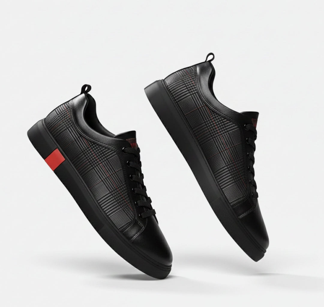 Black men's casual shoes: minimalist low-top sneakers with a round toe. Comfortable for daily street style fashion.