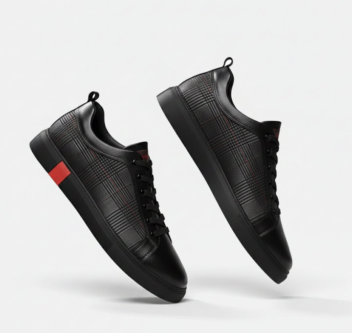 Black men's casual shoes: minimalist low-top sneakers with a round toe. Comfortable for daily street style fashion.