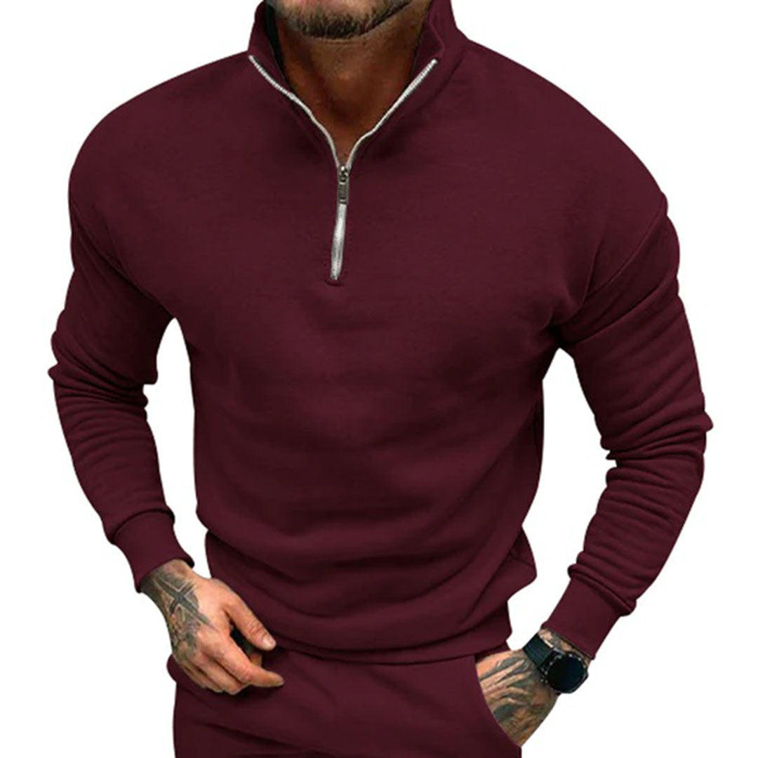 Men's minimalist half zip pullover jumper in a versatile long sleeve design, perfect for smart casual style.