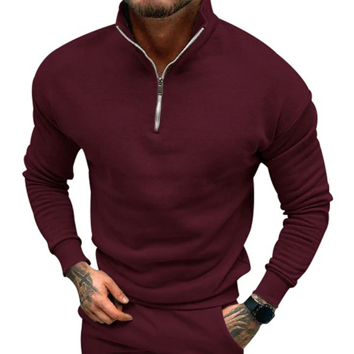 Men's minimalist half zip pullover jumper in a versatile long sleeve design, perfect for smart casual style.