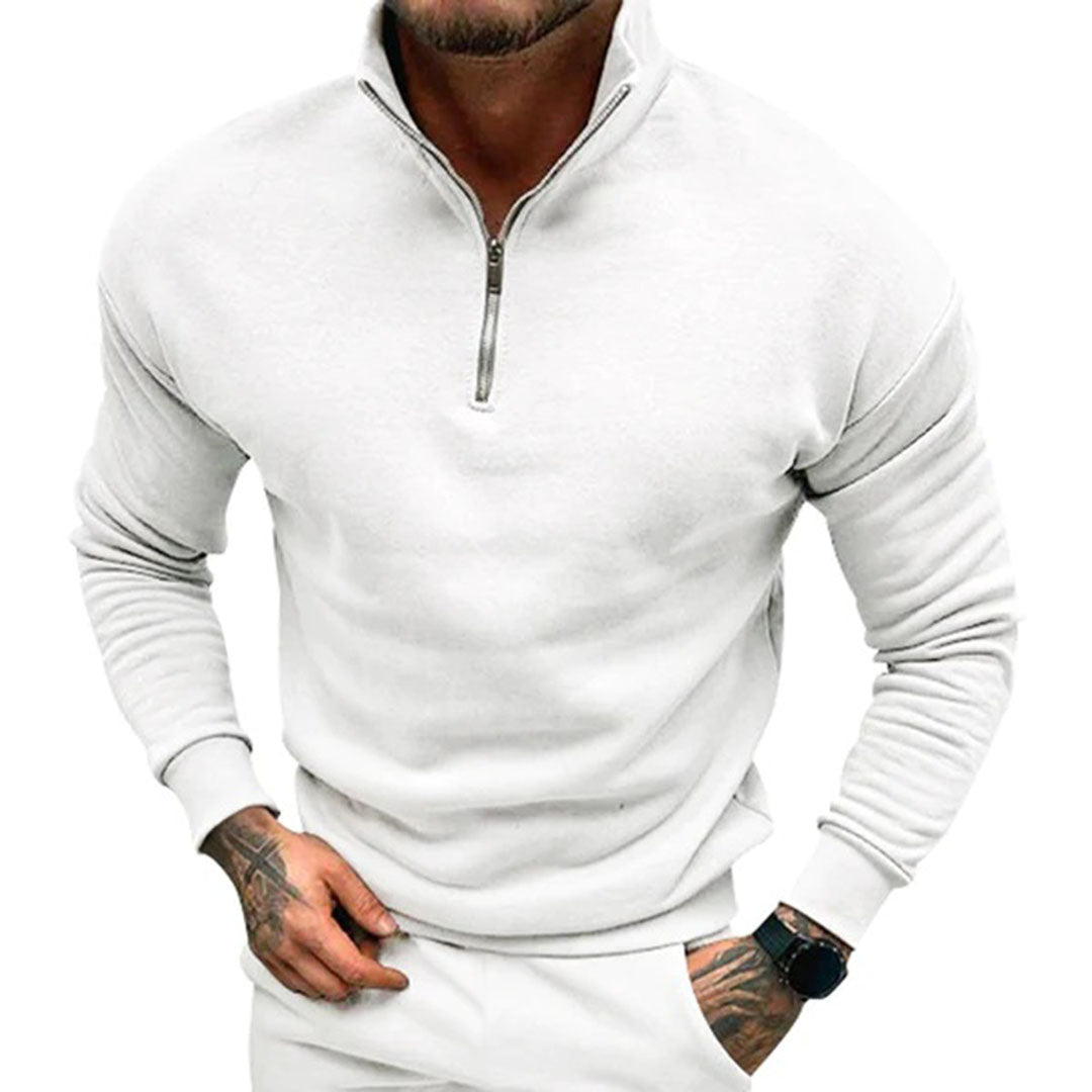 Close-up of a men's stylish half zip pullover jumper, highlighting the collar and zipper detail for casual wear.