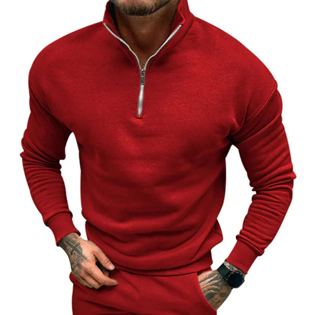 Side view of a men's long sleeve half zip pullover jumper, showcasing its versatile and effortless minimalist style.
