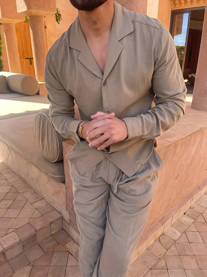 Men's minimalist linen blend two-piece set for versatile casual & semi-formal summer style.