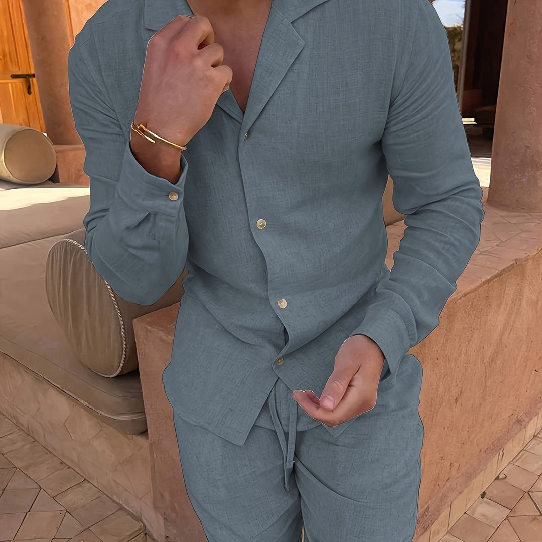 Man in a stylish linen blend two-piece set, showcasing its comfort, class, and versatile appeal.