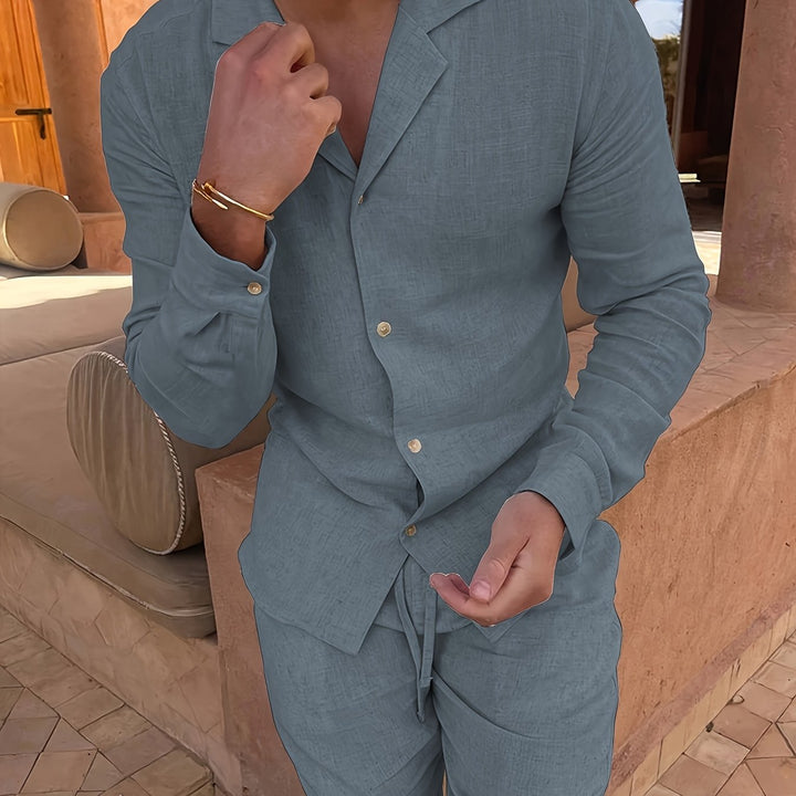 Man in a stylish linen blend two-piece set, showcasing its comfort, class, and versatile appeal.