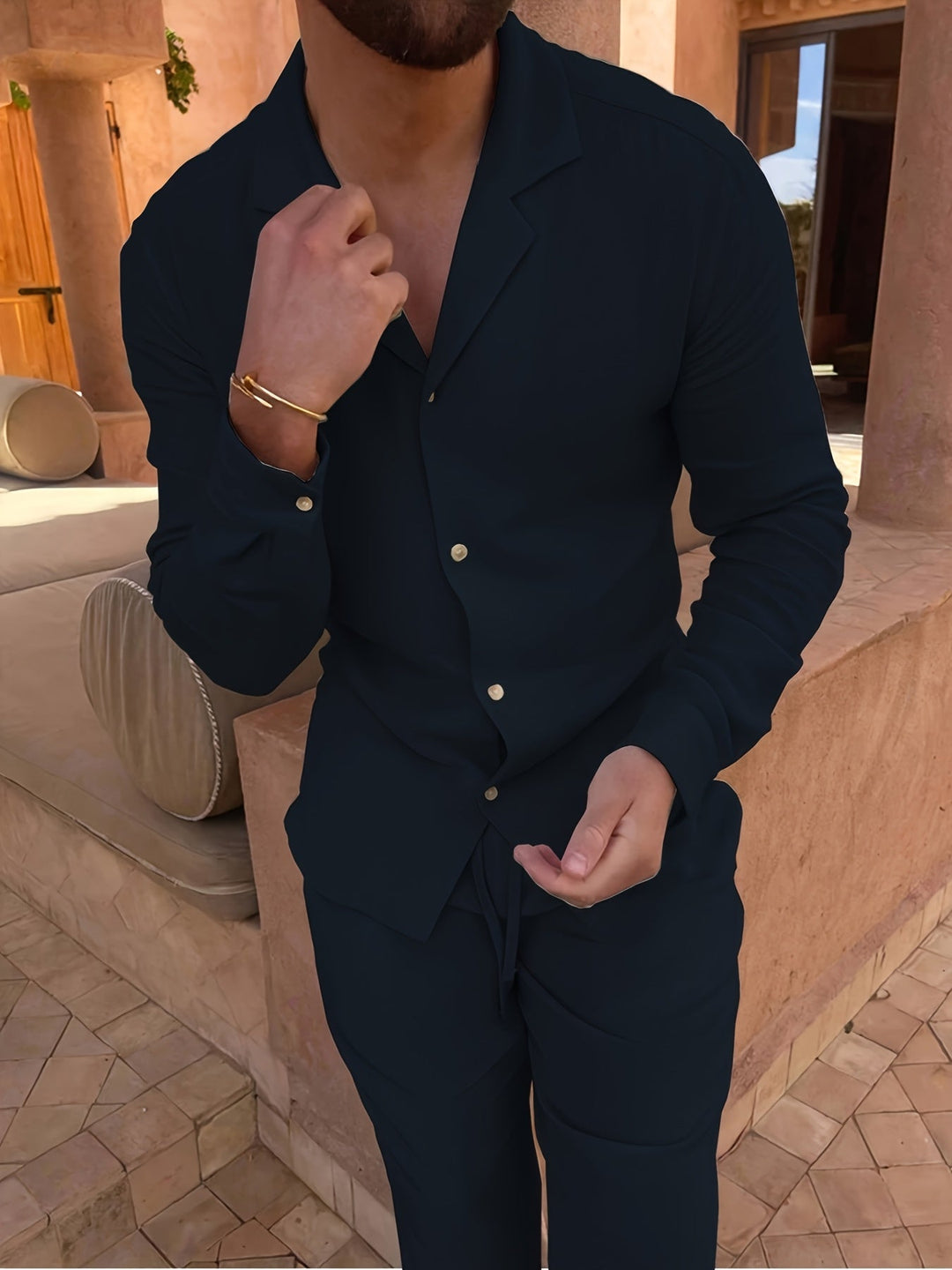 Styled men's linen blend two-piece set; a comfortable & classy minimalist outfit for any occasion.