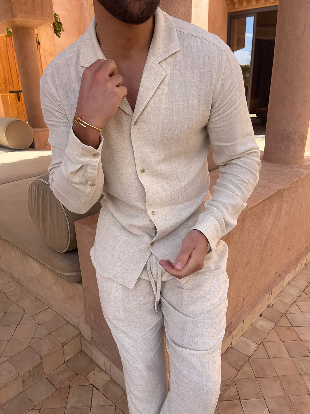 Clean lines of a men's minimalist linen blend two-piece set, embodying modern casual elegance.
