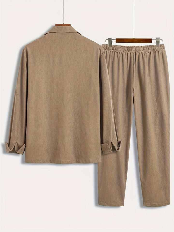 Men's casual linen blend two-piece set, ideal for relaxed summer days or stylish comfort.