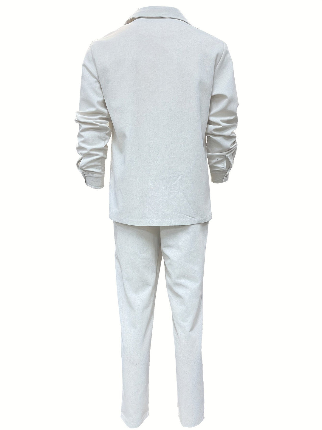 Detailed view of the minimalist top from a men's linen blend two-piece set, highlighting clean design.