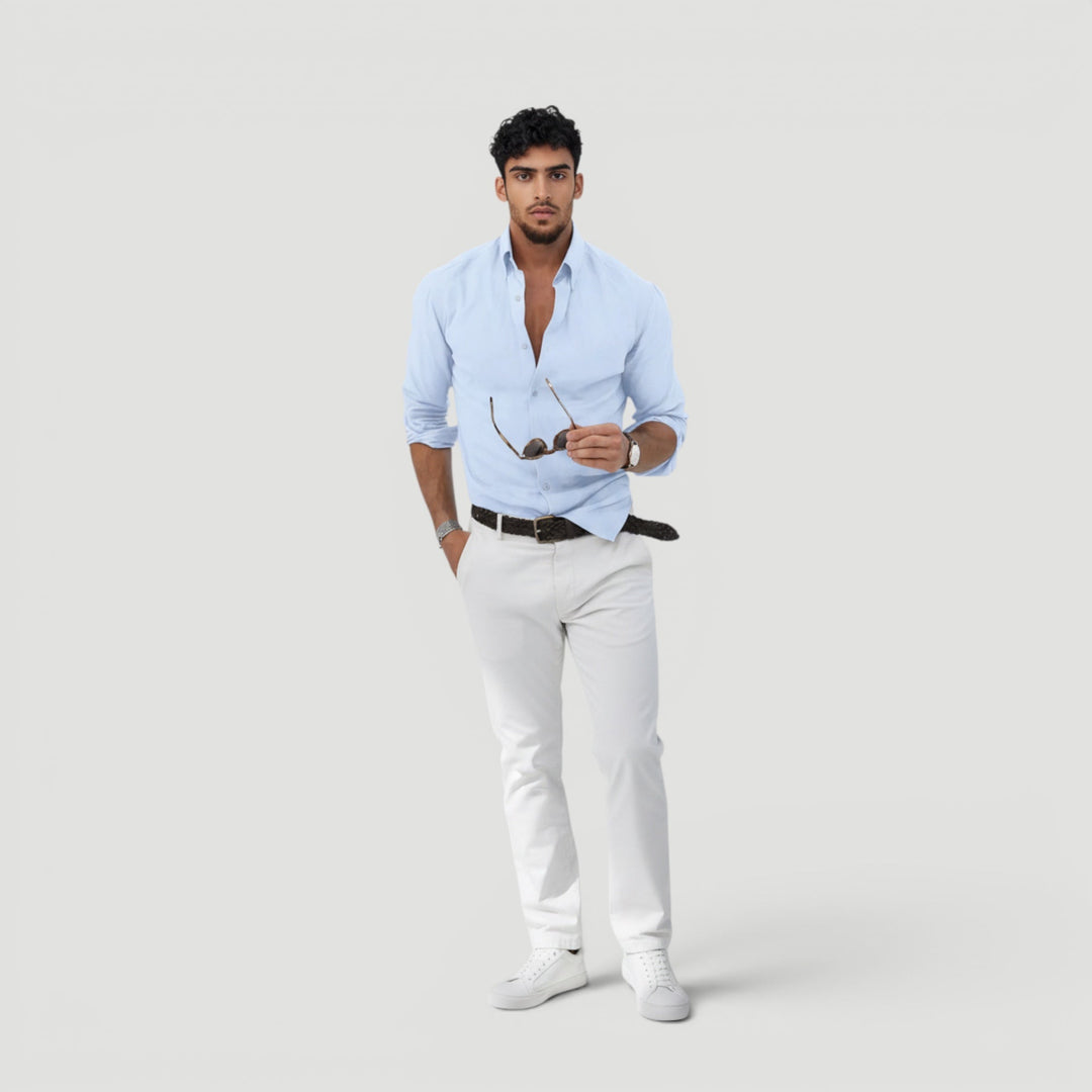 Comfortable men's long sleeve button-up shirt, ideal for smart casual and minimalist everyday wear.
