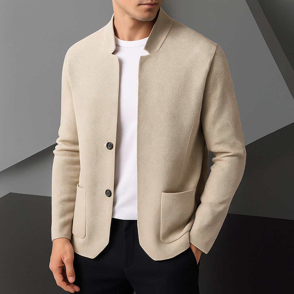 Men's minimalist textured button-front cardigan. Smart casual knit for versatile layering.