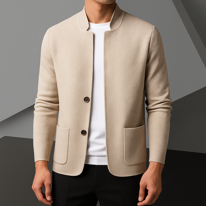 Essential men's textured button-front cardigan, a timeless layering piece for fall and winter.