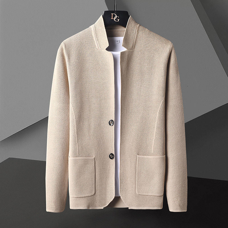 Classic men's fashion: versatile textured knit cardigan with button front for smart-casual looks.