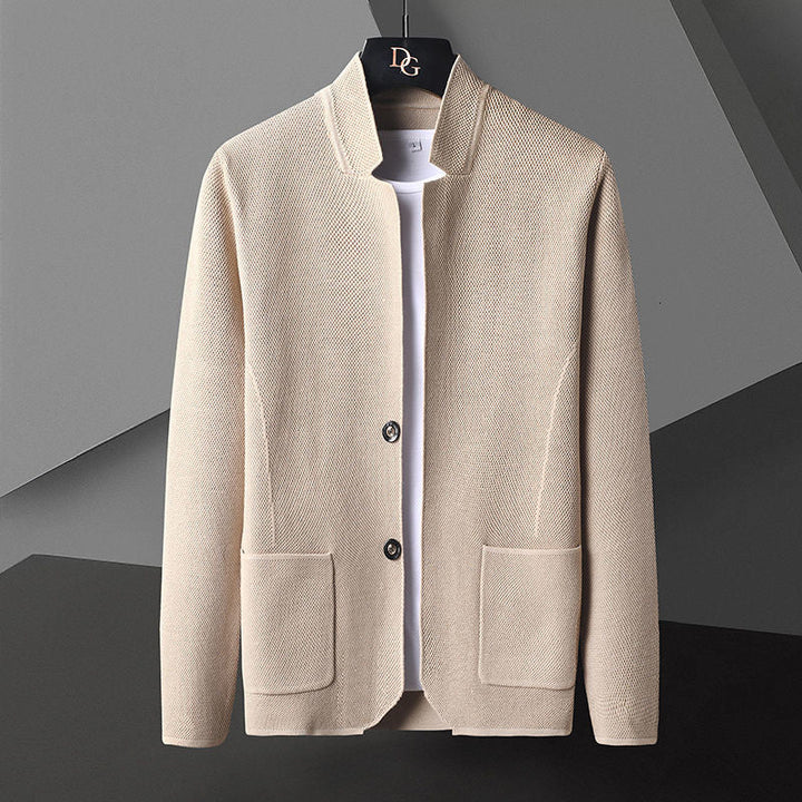 Classic men's fashion: versatile textured knit cardigan with button front for smart-casual looks.