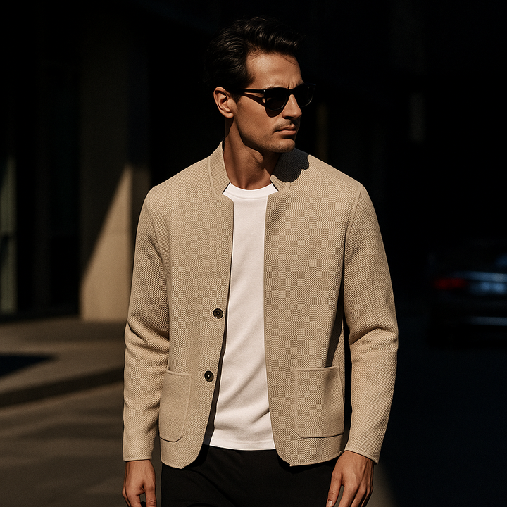 Versatile men's long-sleeve cardigan with textured knit and button front, suitable for many outfits.