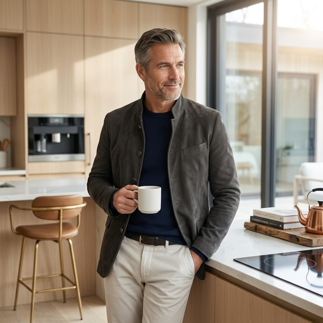 Grey men's casual button cardigan, a comfortable and modern layering piece for any occasion.