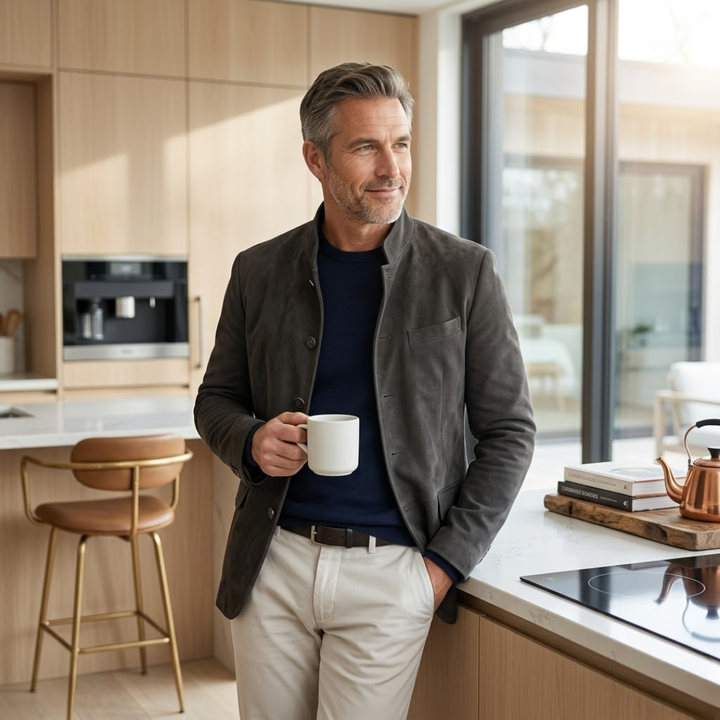 Grey men's casual button cardigan, a comfortable and modern layering piece for any occasion.