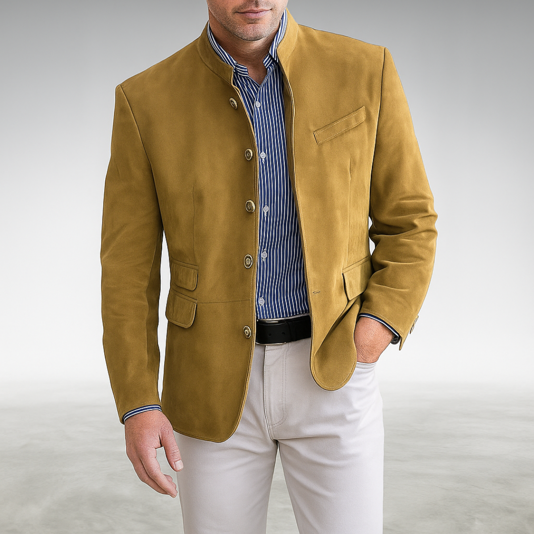 Close-up of men's modern button cardigan, showcasing the textured fabric and button details.
