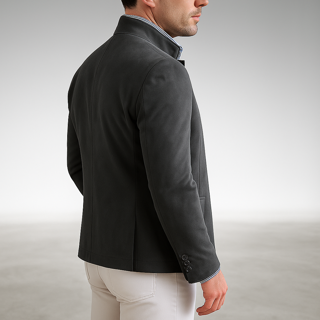 Full shot of a man wearing a modern button-front casual cardigan, exuding effortless comfort.