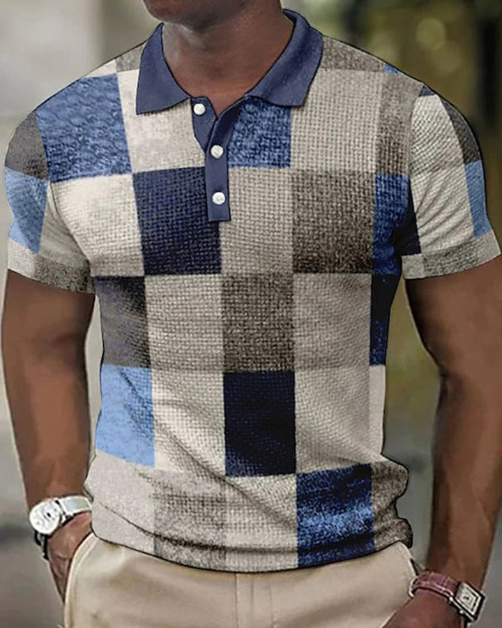 Stylish men's checkered polo shirt with 3D print design, short sleeves for modern casual summer fashion and comfort.