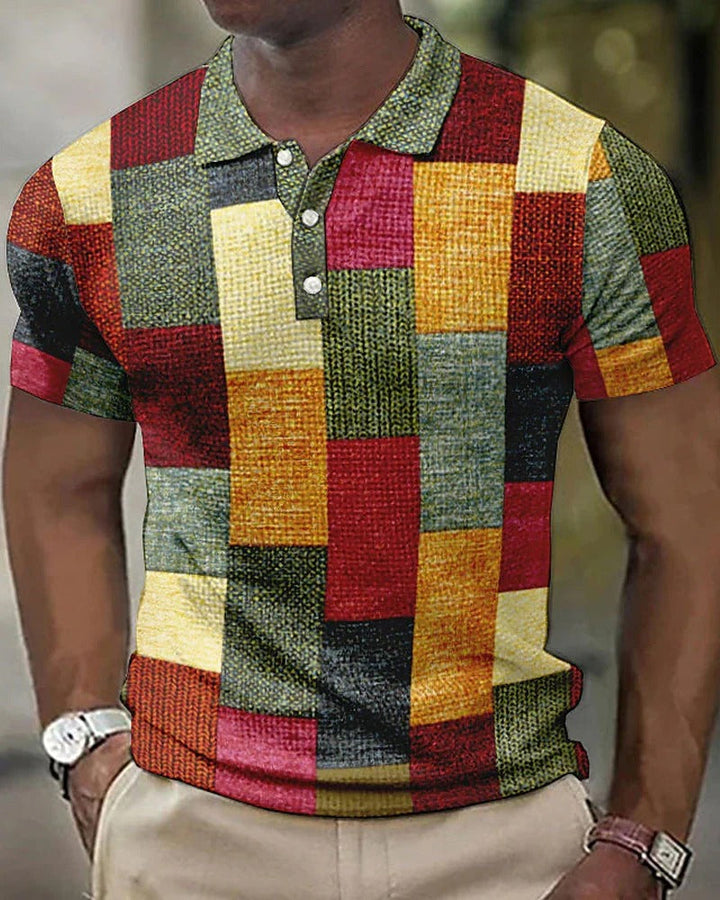Comfortable men's short sleeve checkered polo with modern 3D print. Ideal casual wear for summer fashion & style.