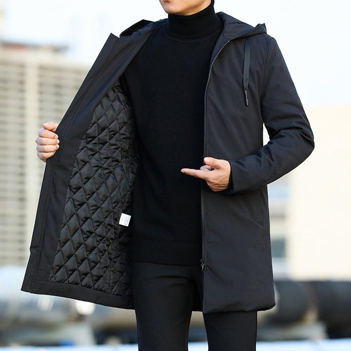 Men's modern-chic winter jacket. Stylish, warm hooded outerwear perfect for urban fashion.