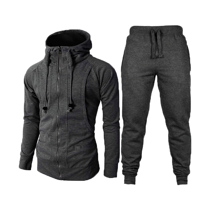 Close-up of men's modern sports suit jacket with functional pockets, ideal for athletic activities.