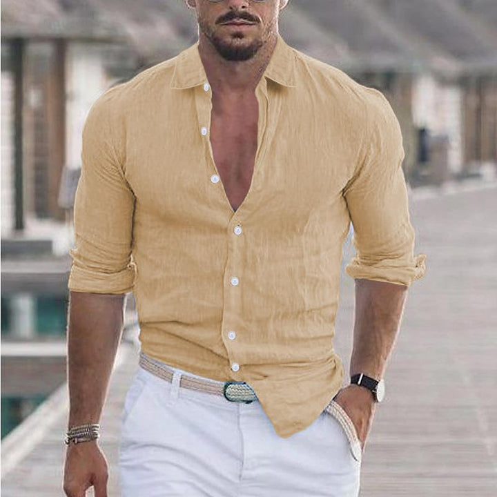 Stylish men's modern fit long-sleeve button-up shirt, great for smart casual, business, or daily use.