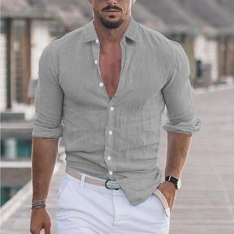 Fashionable men's modern fit long-sleeve button-up shirt, perfect for a sleek, polished look.