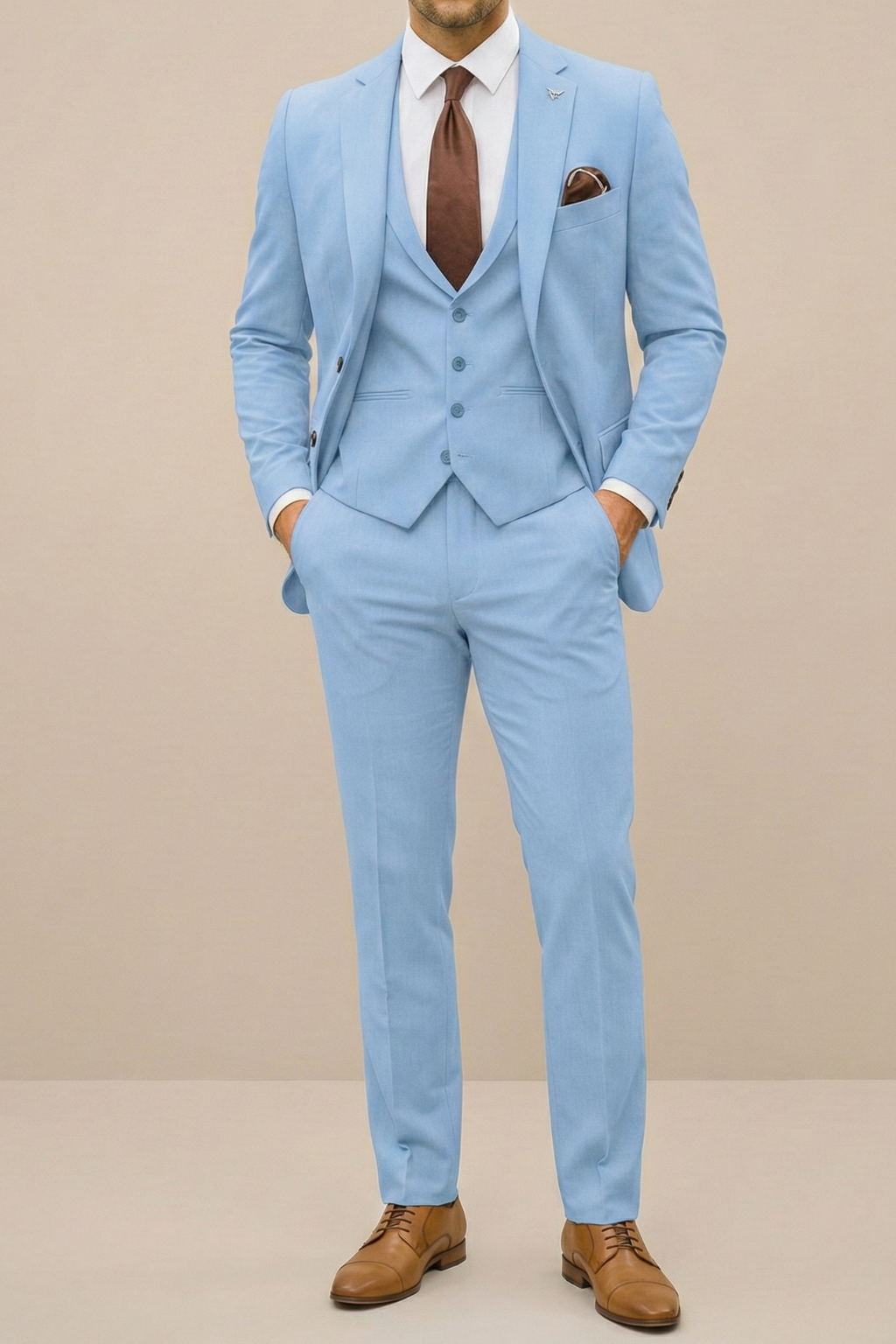 Men's modern fit three piece suit in navy blue, perfect for spring formal wear.