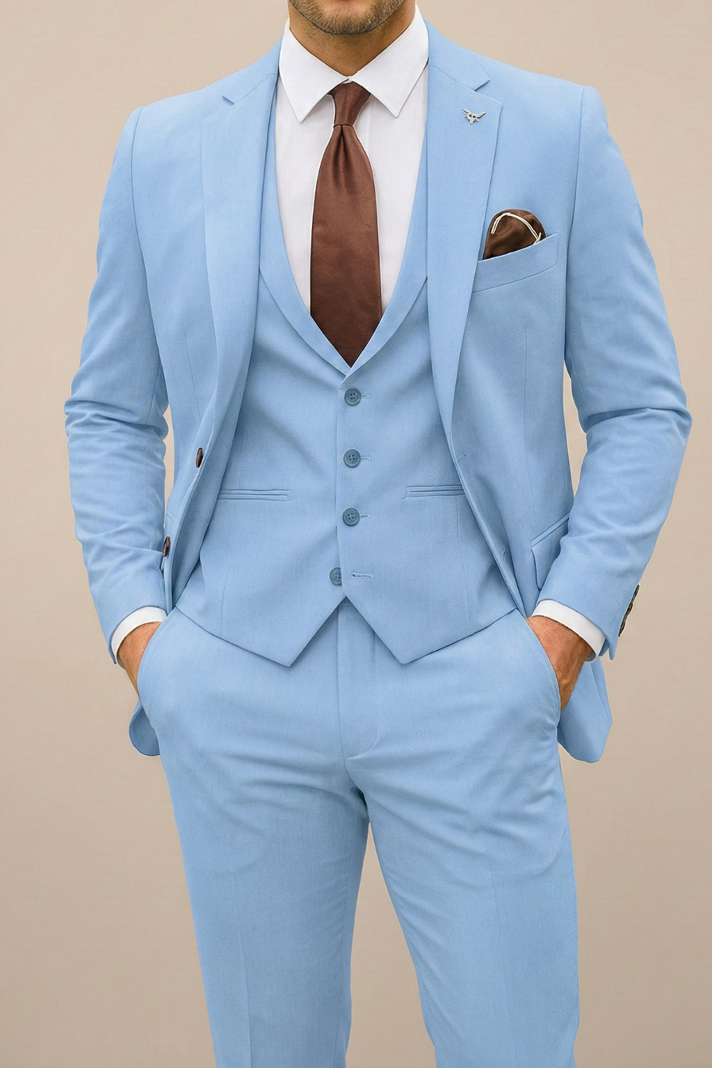 Close-up of the tailored jacket from the Men's Cameron three piece suit collection.
