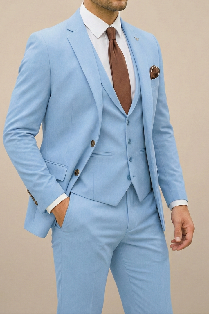 Groom wearing the Men's Cameron three piece suit, ideal for a spring wedding.
