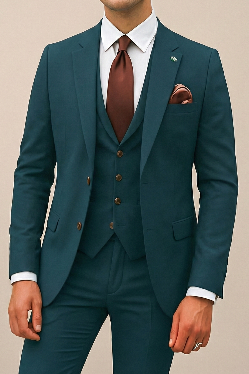 Detail shot of the waistcoat and trousers from the Men's Cameron formal wear suit.