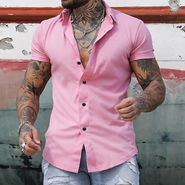 A folded men's modern fitted short sleeve shirt, ready for any occasion.
