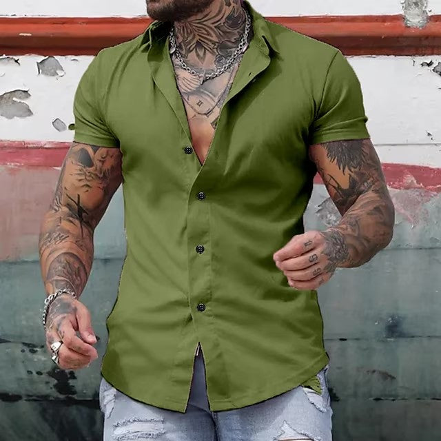 The sleek silhouette of a men's modern fitted short sleeve button-down shirt.
