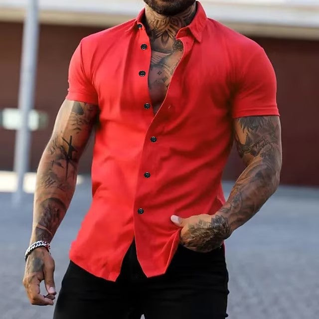Front view of a men's short sleeve shirt with a contemporary fitted cut.