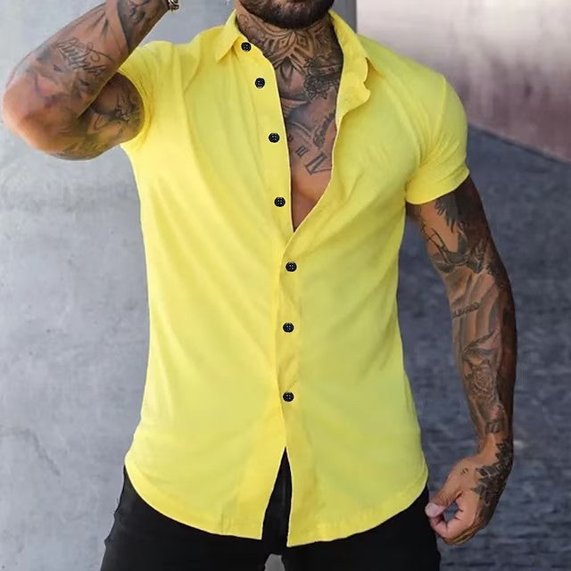 Lightweight fabric of a men's modern fitted short sleeve shirt for summer comfort.