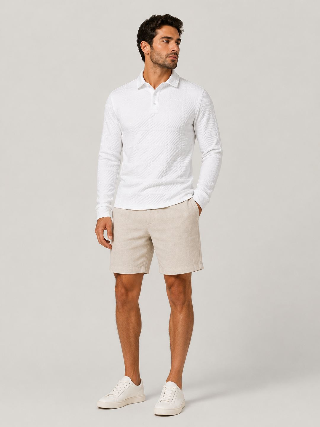 Men's modern jacquard knit button polo shirt, short sleeve design.