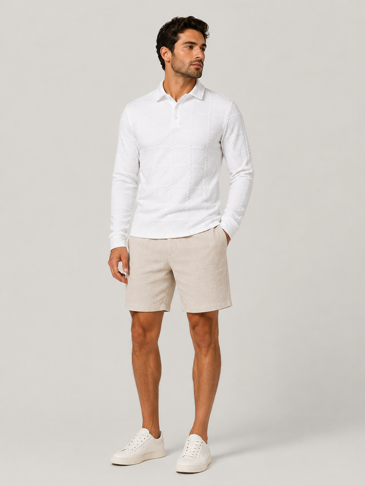 Men's modern jacquard knit button polo shirt, short sleeve design.