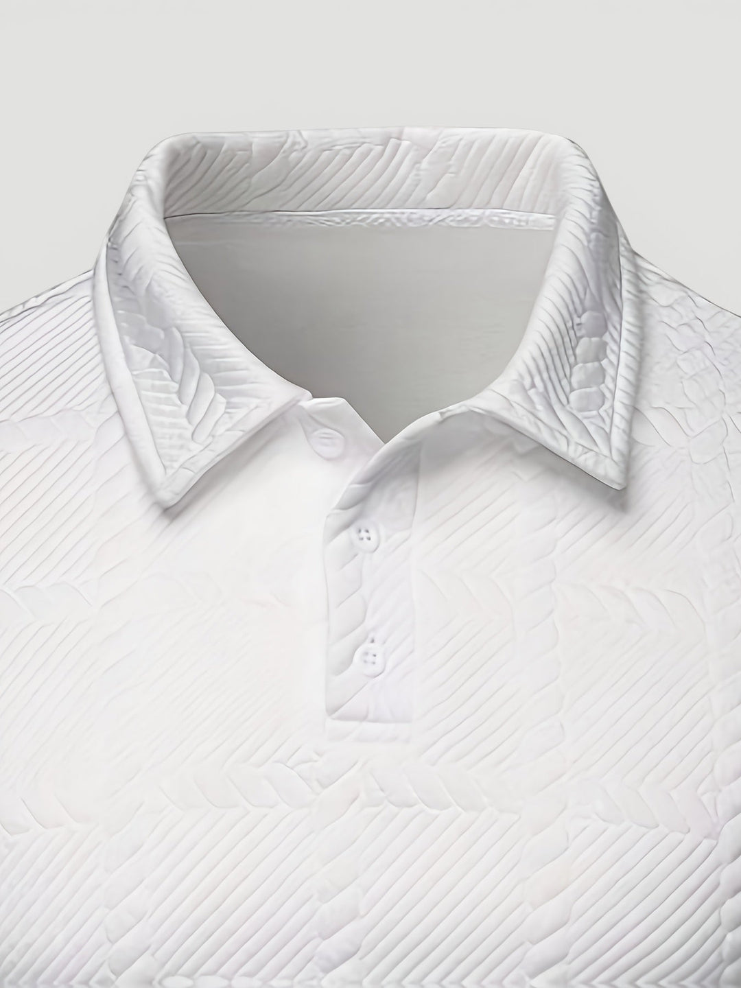 Contemporary men's jacquard knit button polo, offering a textured modern aesthetic.