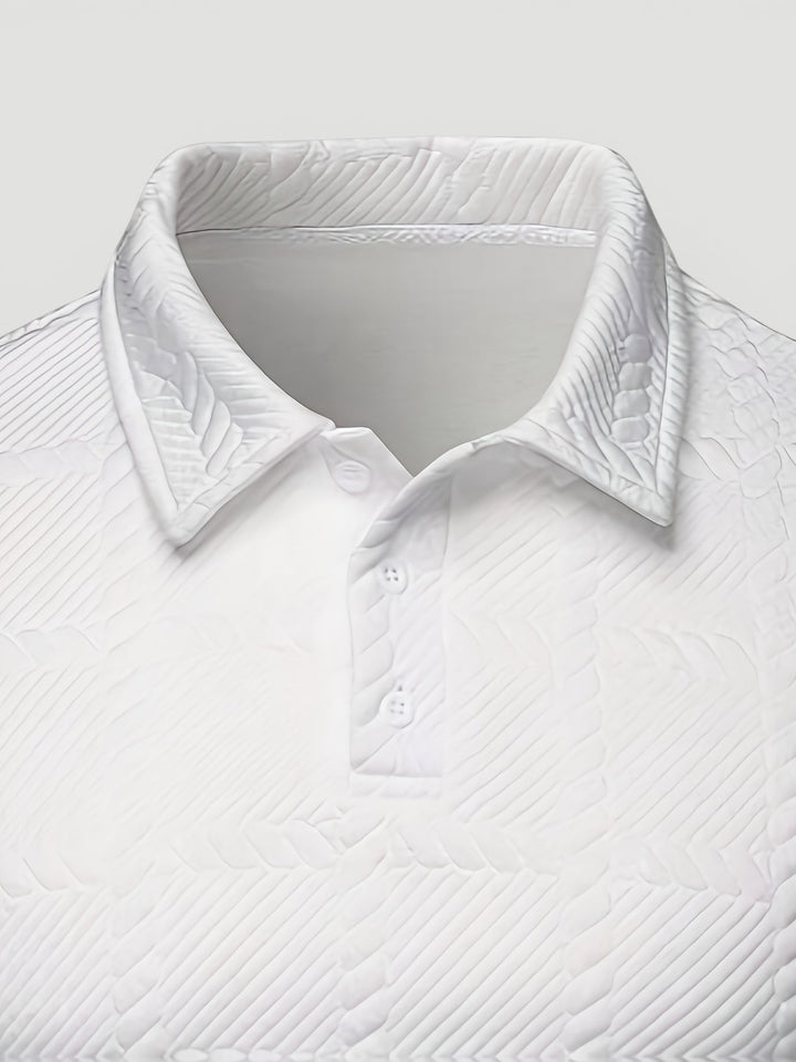 Contemporary men's jacquard knit button polo, offering a textured modern aesthetic.