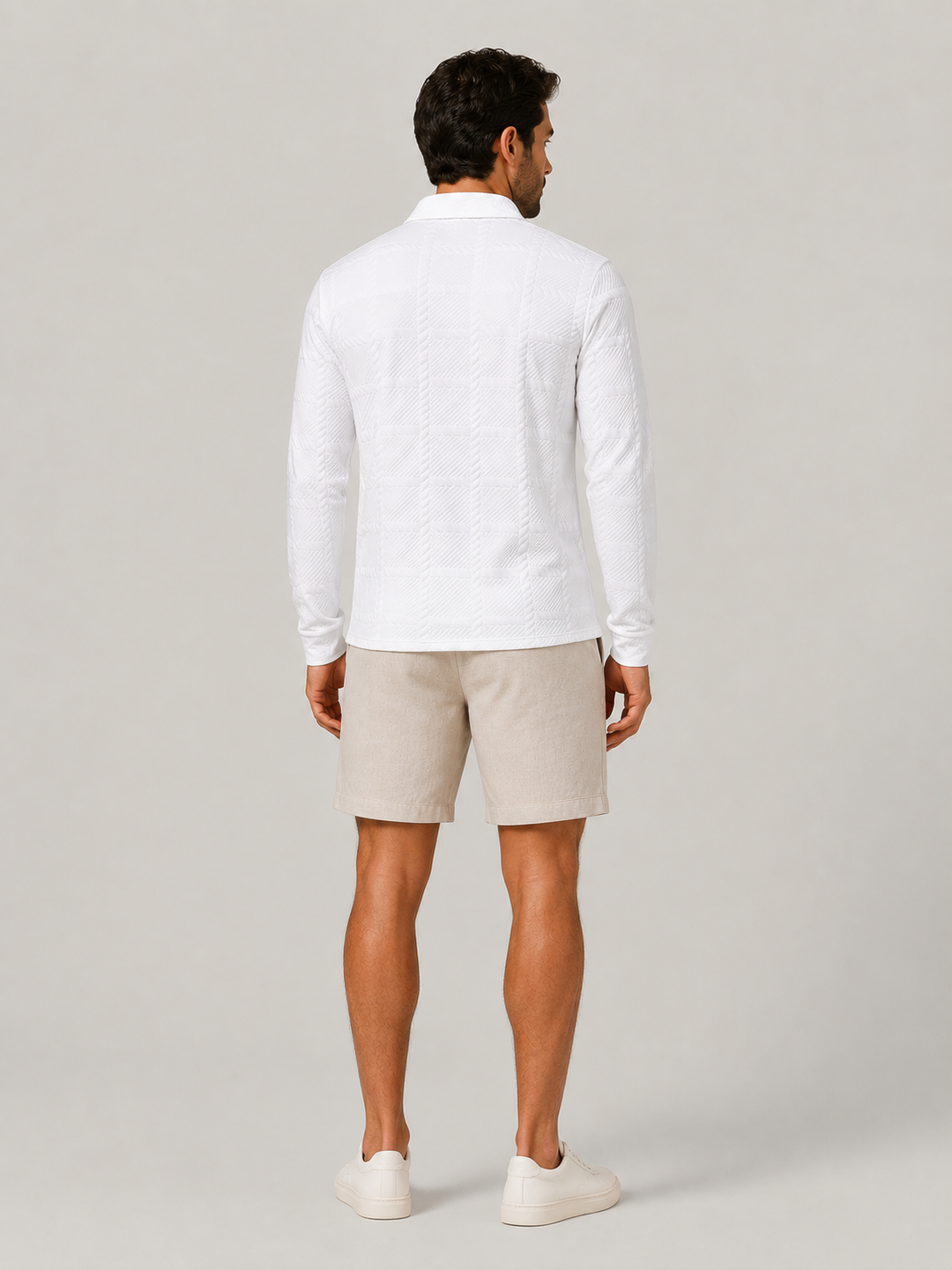 Elegant men's jacquard knit button polo for smart casual and everyday wear.