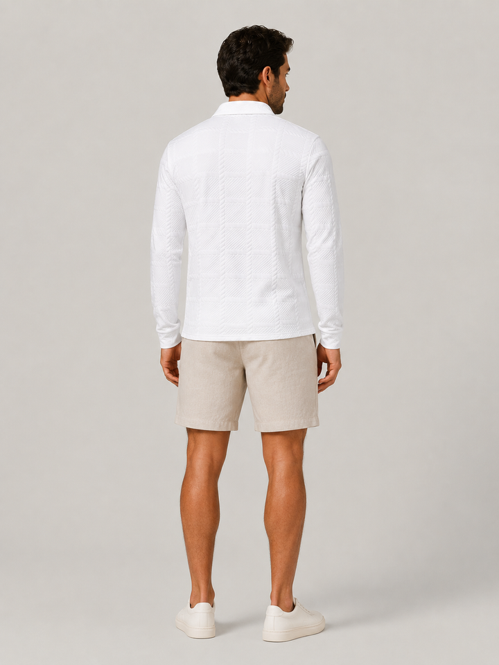 Elegant men's jacquard knit button polo for smart casual and everyday wear.